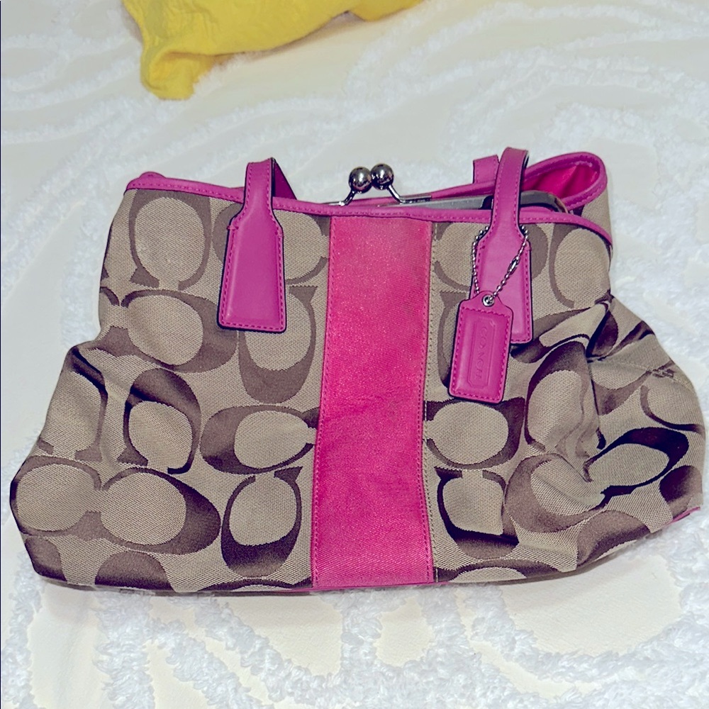 Coach Pink and Brown/Tan Signature Tote